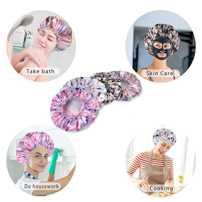 4 PCS Shower Caps for Women, Printing Bath Caps, Double Layers Shower Cap Reusable Waterproof, Bathing Shower Caps, Environmental Protection Hair Bath Hat - Flower C