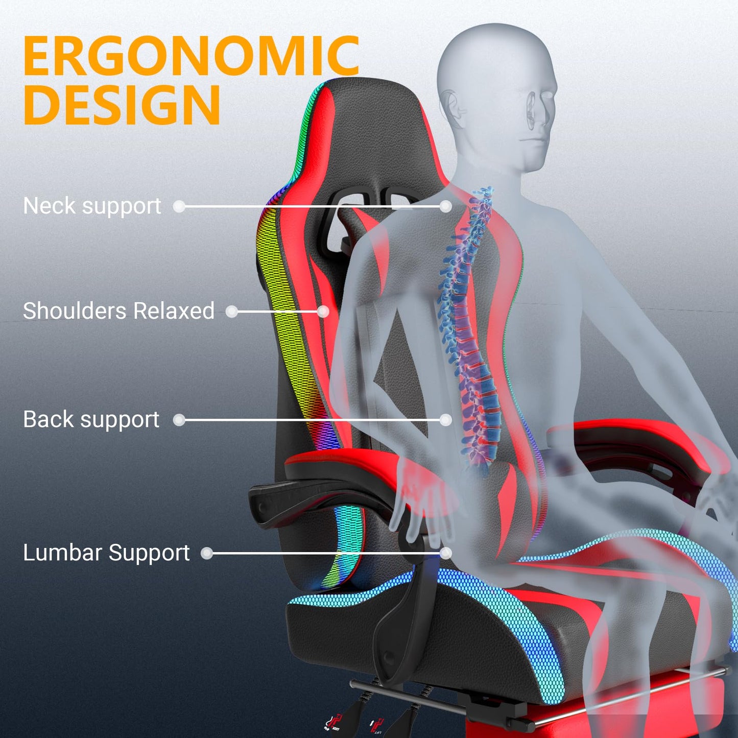 Gaming Chair with Speakers and Massage Computer Gaming Chair with LED RGB Lights and Footrest High Back Ergonomic Video Game Chair with Adjustable Lumbar Support for Adults Red and Black