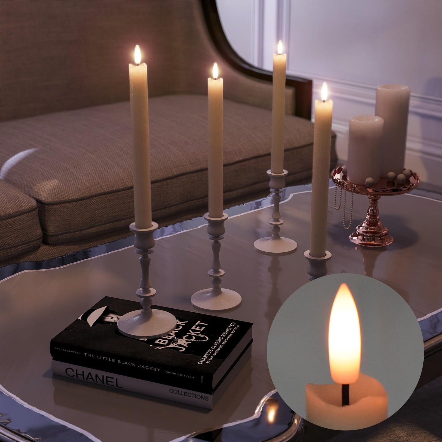 Rechargeable Flameless Taper Candles with Charging Station, 6 Pcs Real Wax LED Taper Candles Flickering with Remote&Timer, 3D Flame Battery Candlesticks for Home Wedding Christmas Decor (Ivory)