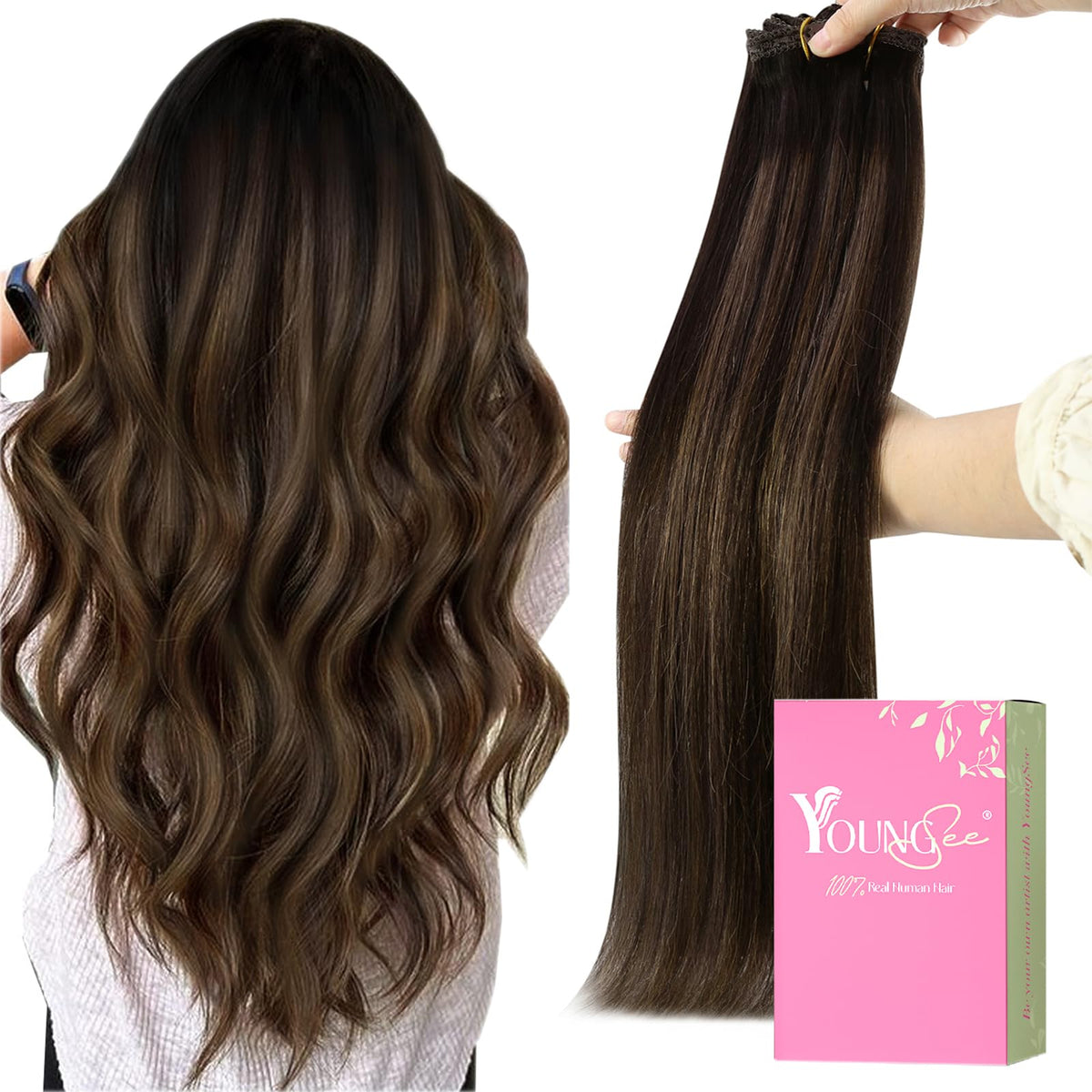 YoungSee 135G Clip in Hair Extensions Human Hair Brown Balayage Lace Clip in Real Hair Extensions Dark Brown Mix Medium Brown Hi