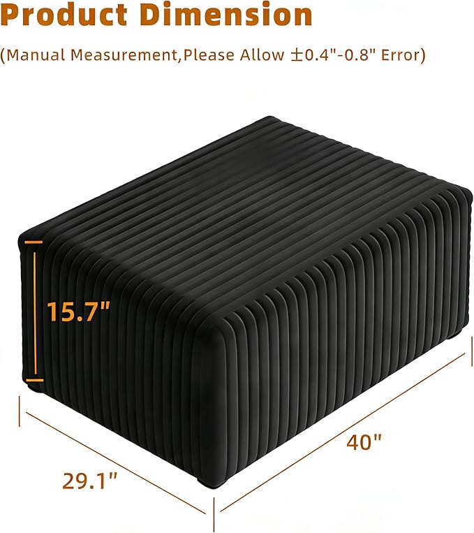 40" Ottoman for Couch, Plush Corduroy Memory Foam Ottoman Cloud Boneless Sectional Couch for Living Room Foot Stools Black