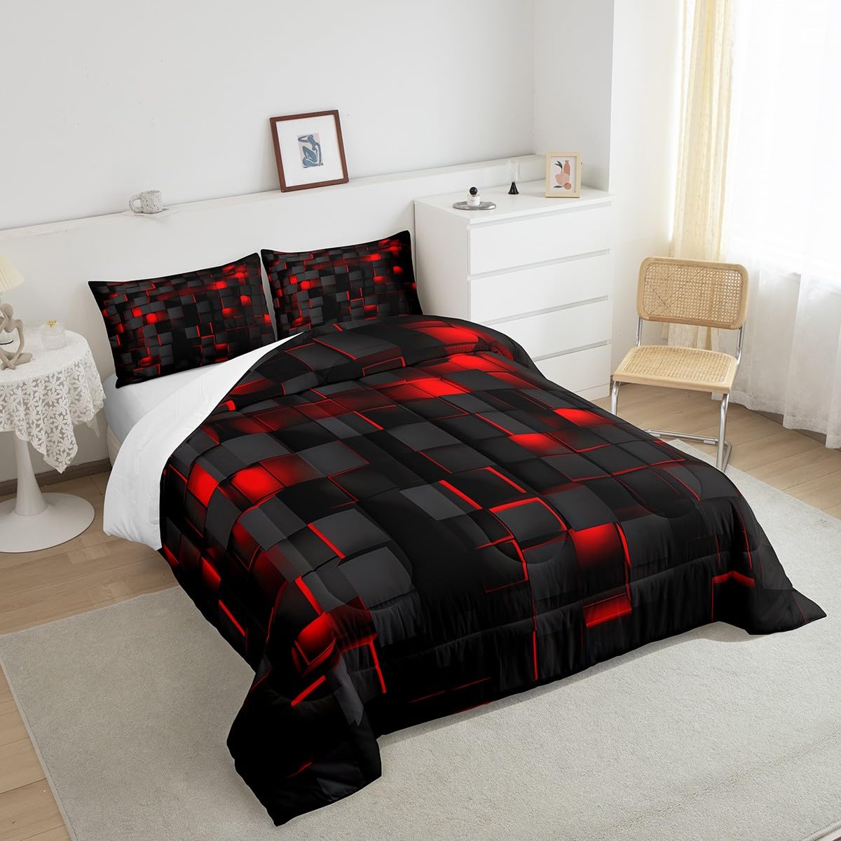 Feelyou Red and Black Bedding Set Queen Size Light Geometric Comforter Set for Kids Boys Girls Geometry Decor Comforter Modern Duvet Set