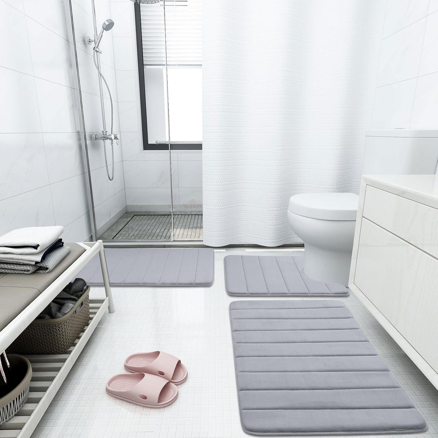 Buganda Memory Foam Bath Mat, 24" x 16", Ultra Soft and Non-Slip Bathroom Rugs, Water Absorbent and Machine Washable Bath Rug for Bathroom, Shower, and Tub, Medium Grey