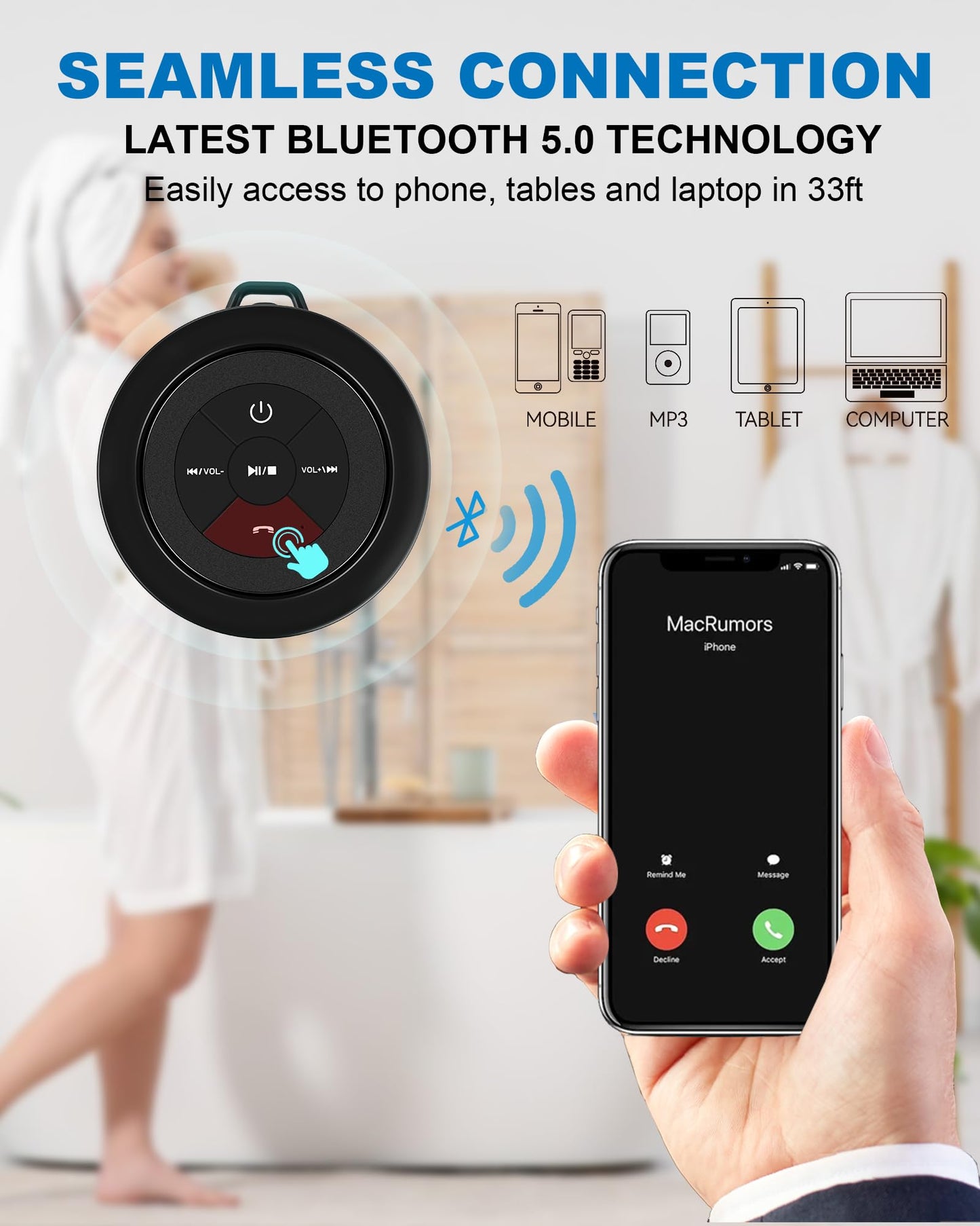 Bluetooth Shower Speaker, Portable Bluetooth Speakers, Ip67 Waterproof Wireless Speaker With Suction Cup & Carabiner, Built-In M