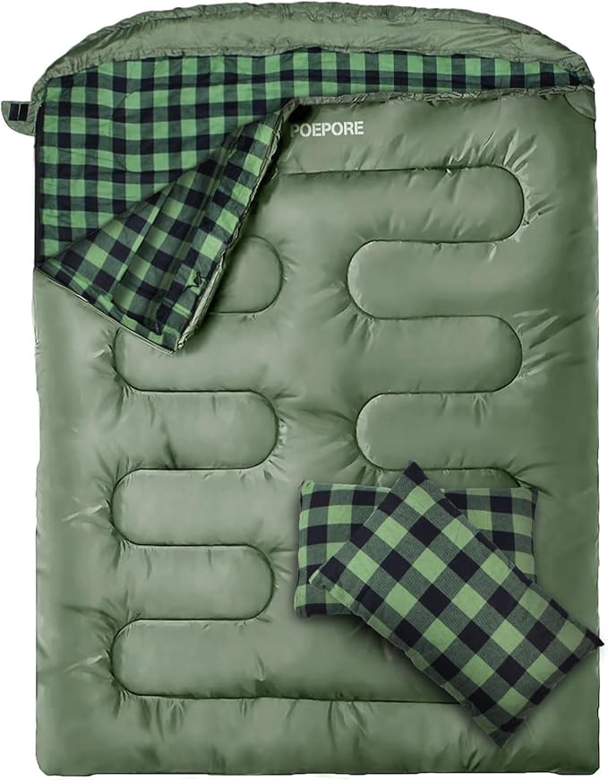 POEPORE Double Sleeping Bag Flannel for Adults with 2 Pillows 2 Person Sleeping Bags Camping XXL Queen Size Two Person Sle...