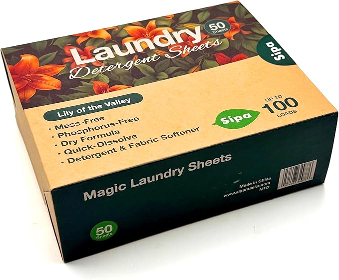 SIPA Laundry Detergent Sheets - 50 Sheets, 100 Loads, Lily of the Valley, Eco-Friendly, Phosphorus-Free