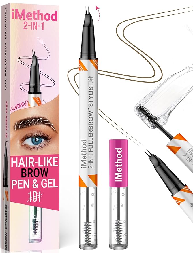 iMethod Curved Eyebrow Pen and Brow Gel - Eyebrow Pencils for Women with Hair Like Strokes, Eyebrow Makeup for All-Day Defined, Waterproof, Smudge-proof, Brown and 2 Count Brow Gel Clear