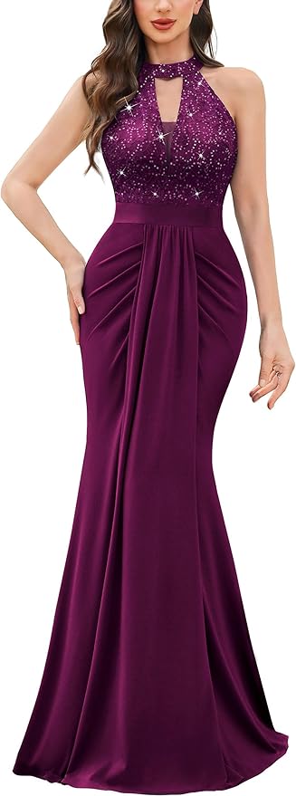 Miusol Women's Elegant Halter V-Neck Lace Sequin Pleated Formal Evening Maxi Dress