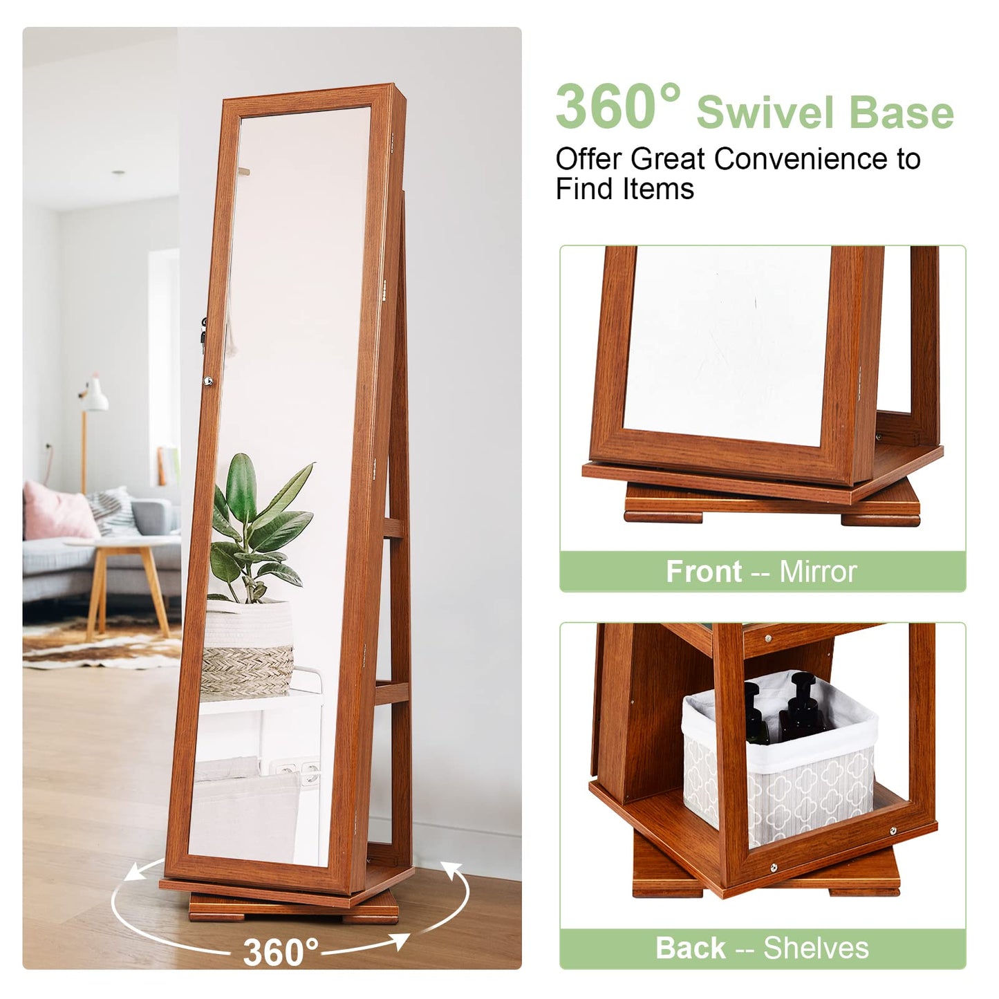 Byroce 360° Rotating Jewelry Organizer, Full Length Mirror with Storage, Lockable Jewelry Cabinet with Inside Makeup Mirror & 3-Tier Rear Shelves, Standing Jewelry Armoire (Walnut)