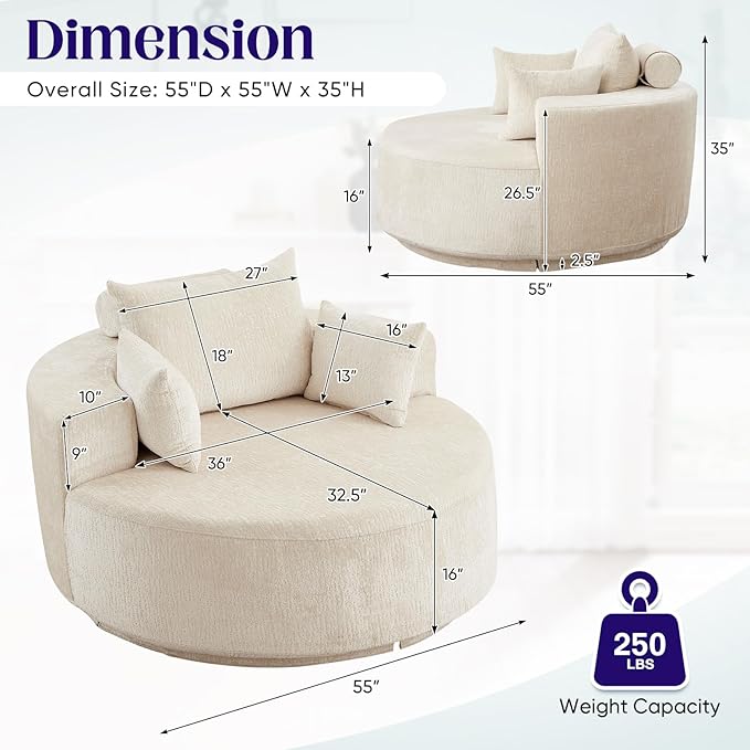 Oversized Round Swivel Chaise Longue Chair Indoor, Modern 55-inch 360 Degree Swivel Upholstered Chenille Deep Seat Circle Single Cloud Sofa Chair for Living Room Bedroom Apartment Office, Beige