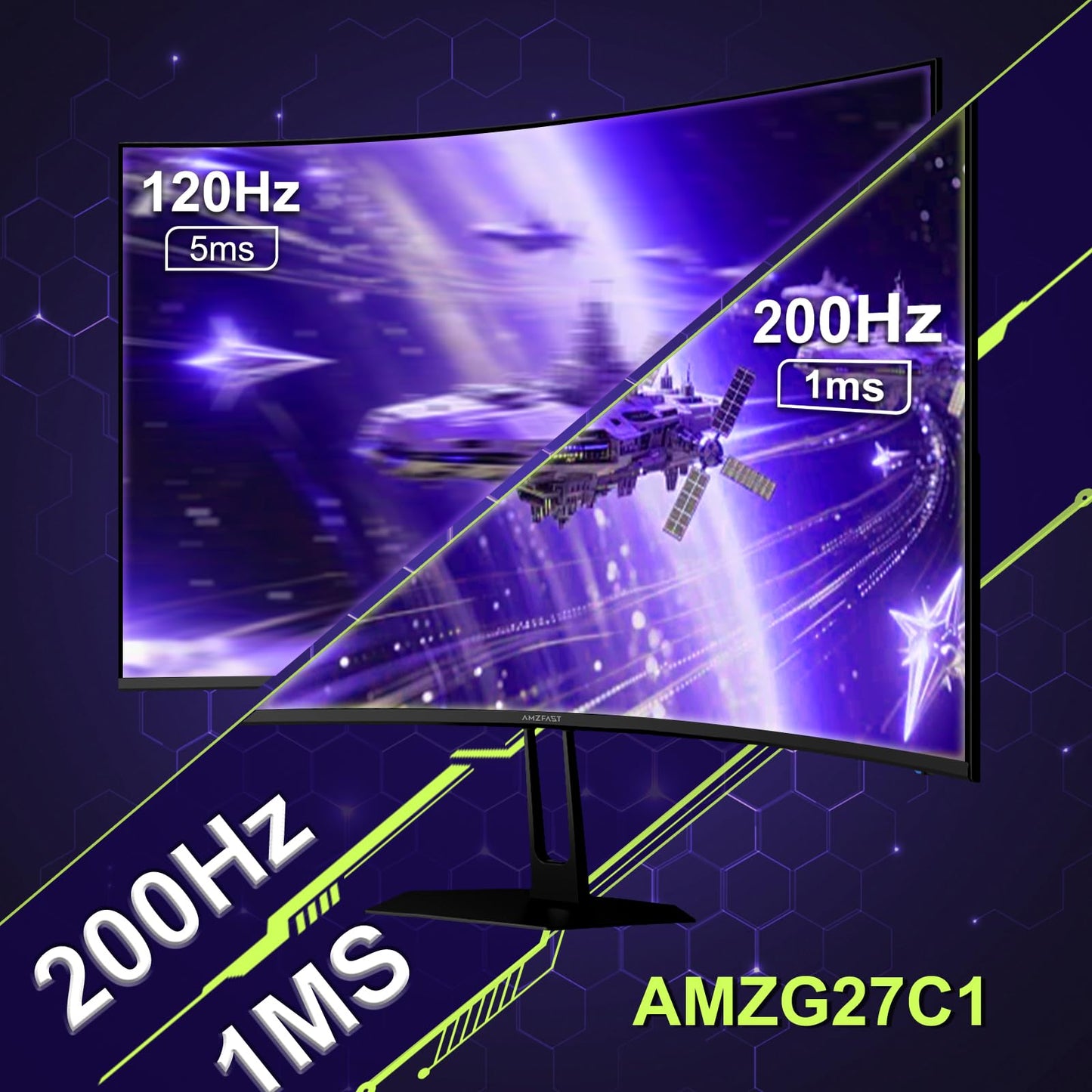 Amzfast 27 inch 200Hz Curved Gaming Monitor, FHD 1080p with Built-in Speakers, FreeSync, MPRT 1ms, 130% sRGB, 3000:1, 1500R, VESA Mount, HDMI 2.0&DP 1.4, 12 Months Warranty Exchange, AMZG27C1