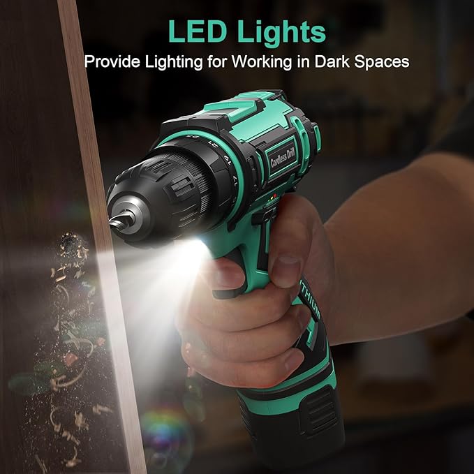 Cordless Drill Set,12V Power Drill Driver 3/8" Keyless Chuck with 92 Acessories, Built-in LED Light, 25+1 Position, Electric Drill for Home DIY Projects（Cyan）