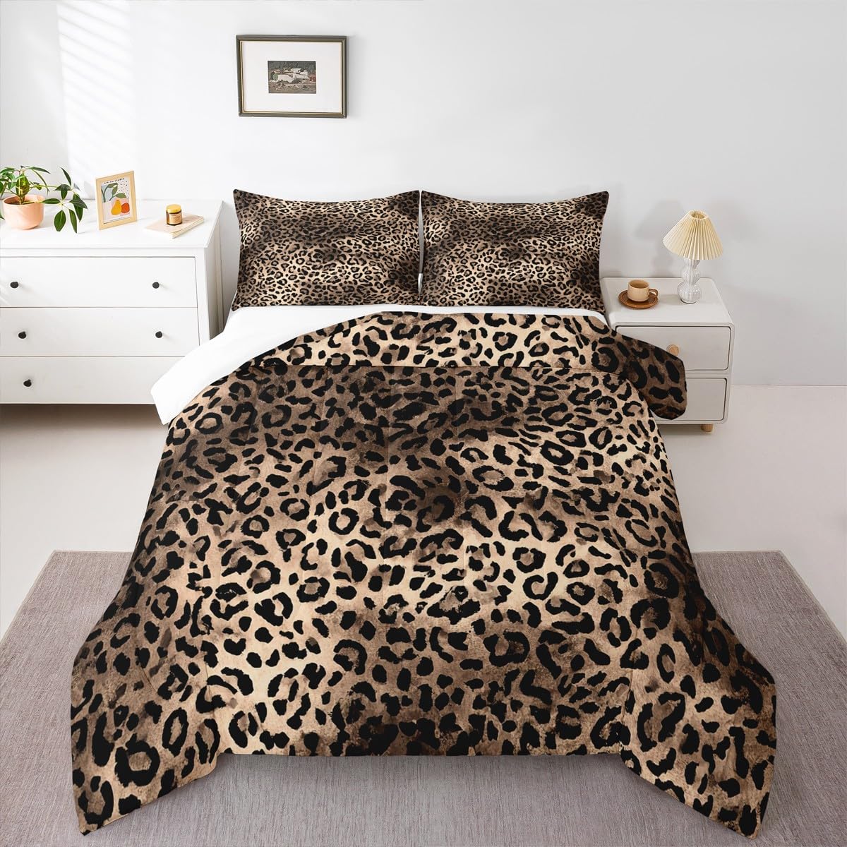 Leopard Comforter Set Full Size Brown Bedding Set 3pcs for Kids Teens Room Decor,Animal Cheetah Quilt Set Modern Luxury Soft Breathable Duvet Insert with 2 Pillowcases