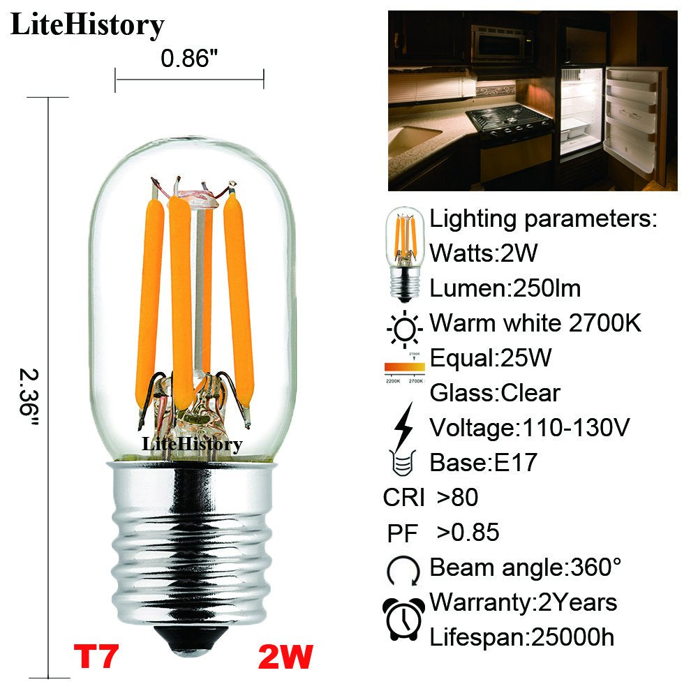 LiteHistory E17 led Bulb ETL 25w Appliance t7 led Bulb 250lm 2700K 2w Microwave Light Bulb 2Pack
