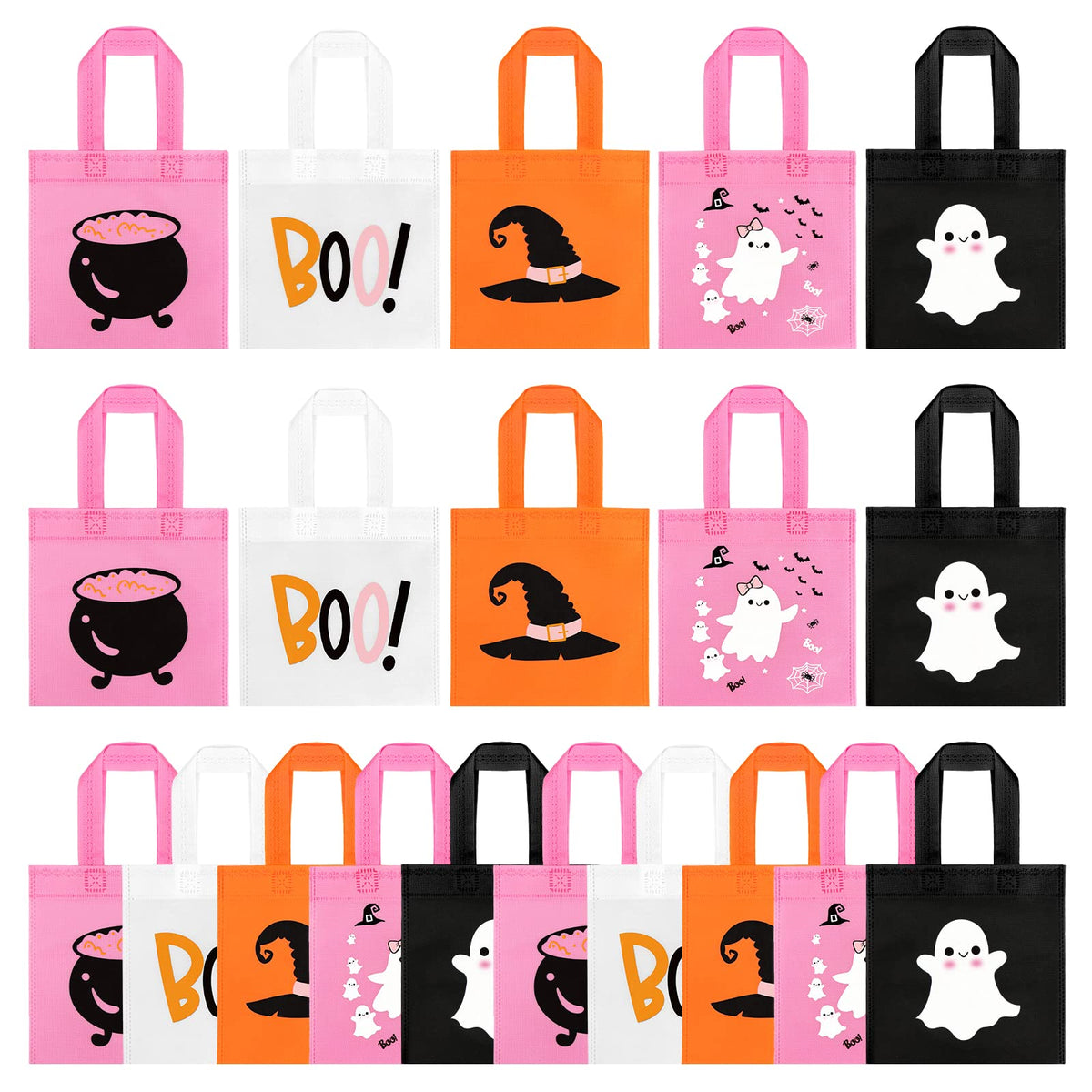 20pcs Pink Girl Halloween Treats Bags - Cute Ghost Witch Cauldron NonWoven Candy Bag Gift Tote for Little Boo Baby Shower Party Supplies