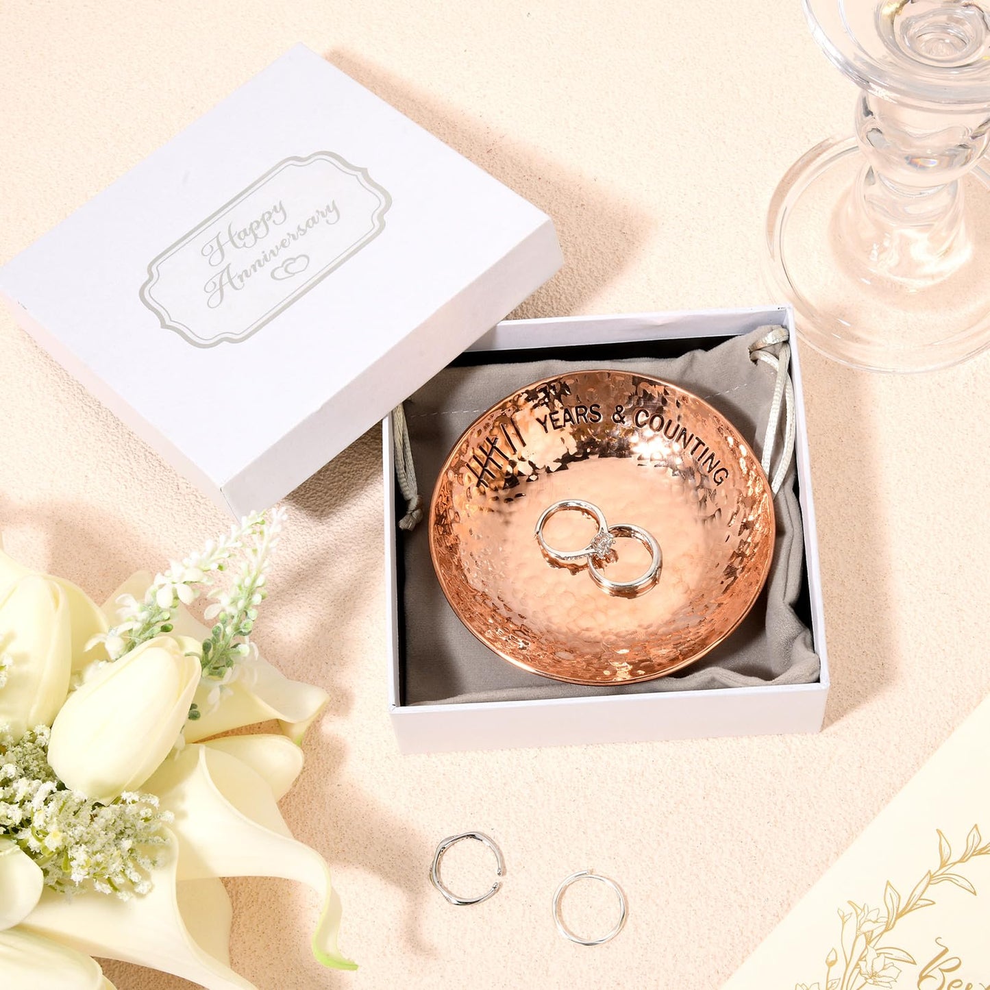 CEELGON 7th Wedding Anniversary Copper Gifts 4" Engraved Jewelry Tray Copper Decorative Dish for Couples Wedding Gift for Him or Her