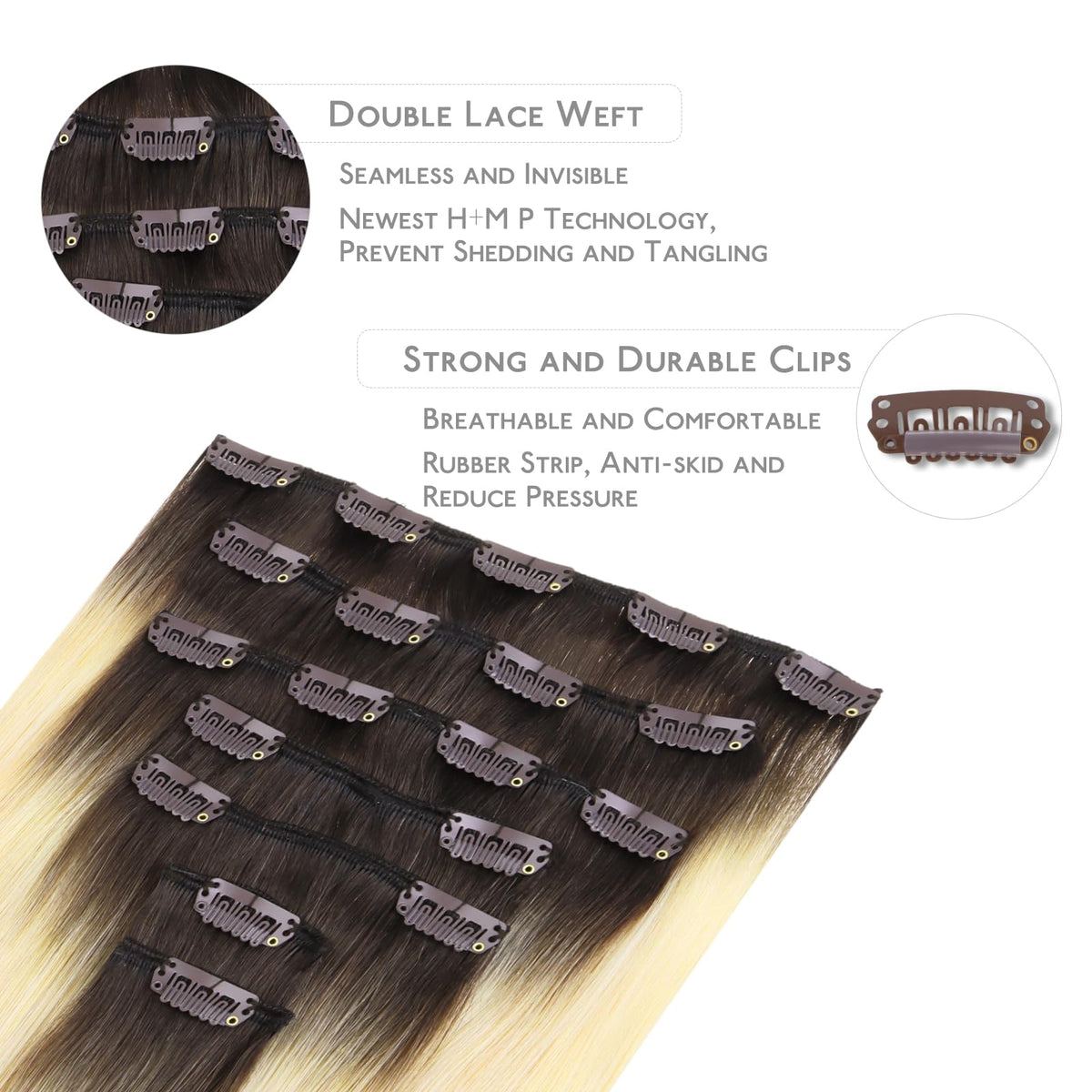 WENNALIFE Clip in Hair Extensions, 22 Inch 120g 7pcs Clip in Hair Extensions Real Human Hair, Ombre Light Dark Brown to Platinum