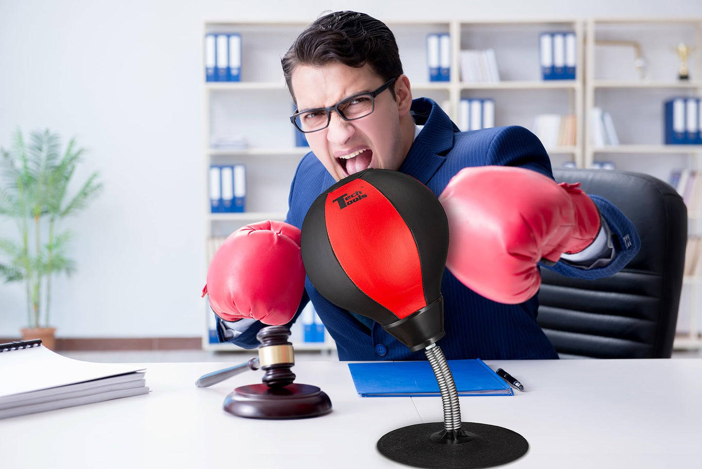 Tech Tools Stress Buster Desktop Punching Bag - Suctions to Your Desk, Heavy Duty Stress Relief Ball, Funny Desk Accessories, Office White Elephant Gift for Boss or Coworker Men and Women