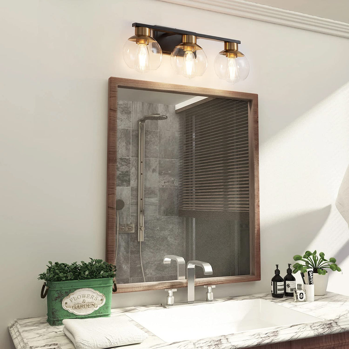PAZALA 3-Light Bathroom Vanity Lights, Black and Gold Bathroom Light Fixtures Over Mirror with Globe Glass Shade, 22in Modern Wall Sconce for Bathr Mirror Bedroom Hallway, E26 Base(Bulbs Not Included)