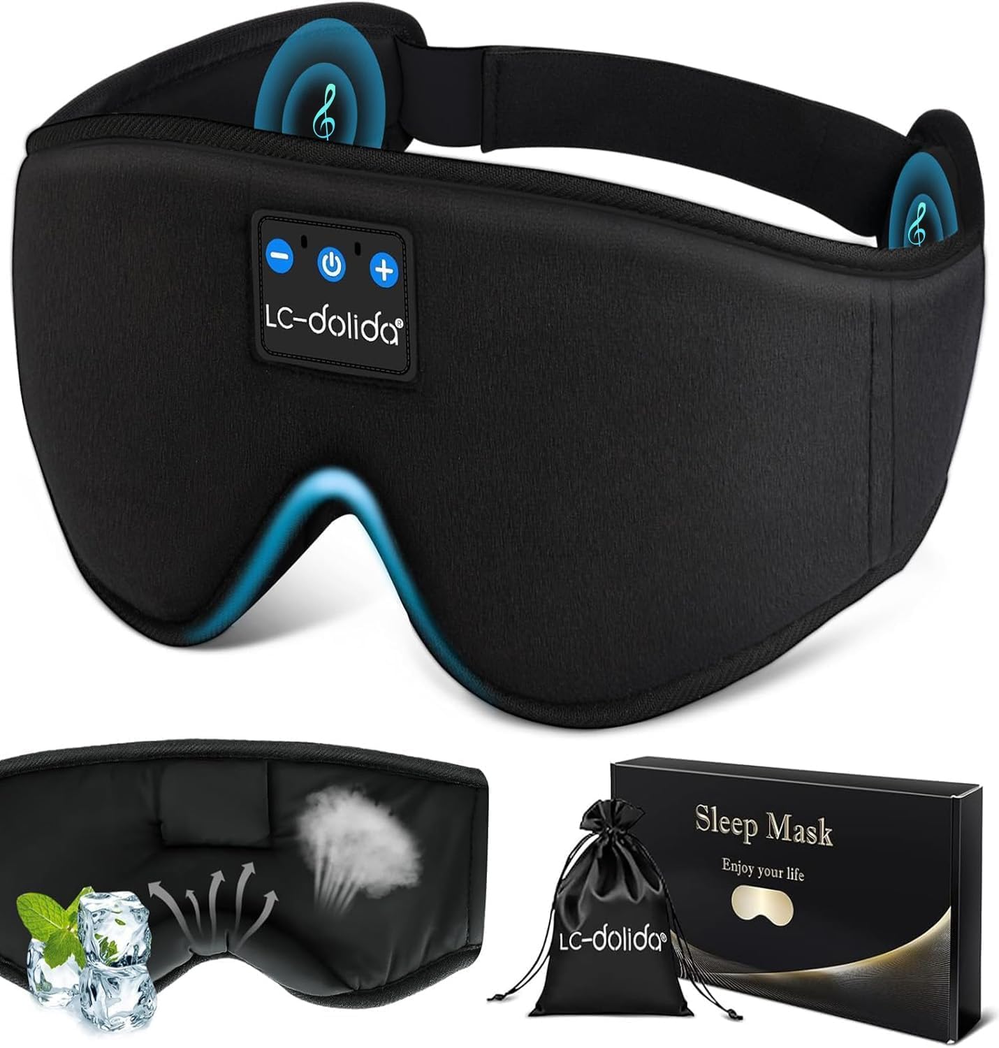 LC-dolida Sleep Mask with Bluetooth Headphones, Sleep Headphones Bluetooth Sleep Mask Eye Mask Pressure Relief Night Sleeping Headphones for Side Sleepers Best Gift and Travel Essential