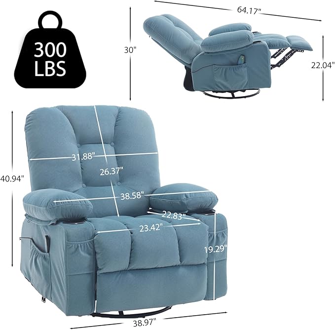 KCREAM Rocker Recliner Chair with Massage & Heat, 360° Swivel Glider Recliner with Cup Holder, Overstuffed Soft Fabric Recliner for Living Room Nursery RV, Blue