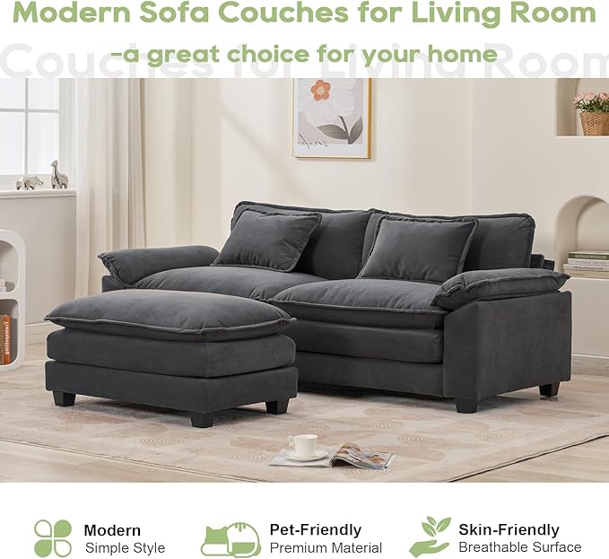 Oprisen 86" Modular Sectional Sofa, Comfy Cloud Couch Sectional Sofa with Ottoman, Velvet Sofa Sleeper Deep Seat Sofa with Throw Pillows for Living Room (Blue Gray, 86"- L Shape)
