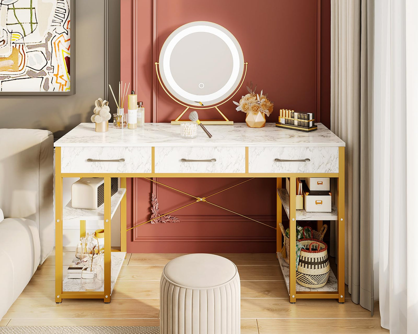 ODK Vanity Desk with 3 Fabric Drawers & Storage Shelves, Makeup Dressing Table, Home Office Desks for Bedroom, Small Modern Writing Desk for Girls Bedroom, White and Gold, 48"x16" (No Mirror)