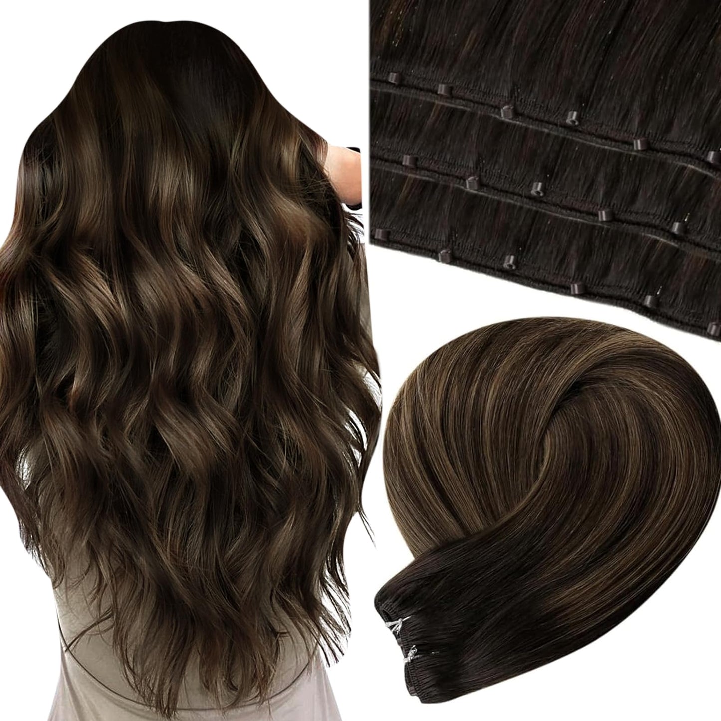 LaaVoo Beaded Weft Hair Extensions Human Hair Brown Micro Beaded Weft Extensions Ombre Darkest Brown to Light Brown 18inch 50g