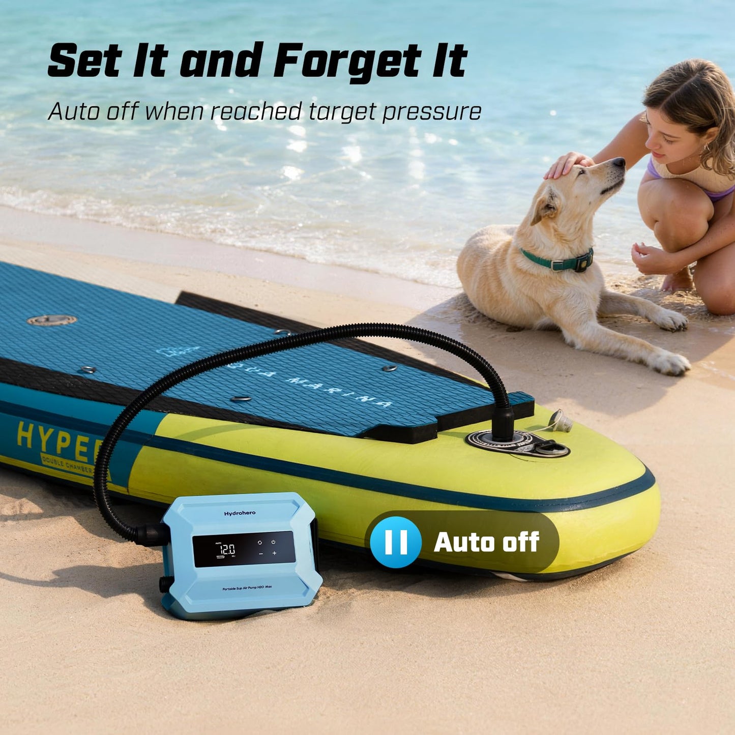 Hydrohero Rechargeable Paddle Board Pump, Max 20PSI SUP Pump Electric Portable, Intelligent Dual Stage Inflation & Deflation, LED Display, Auto-Off for Paddleboards, Kayaks, Inflatable Boats, Tents