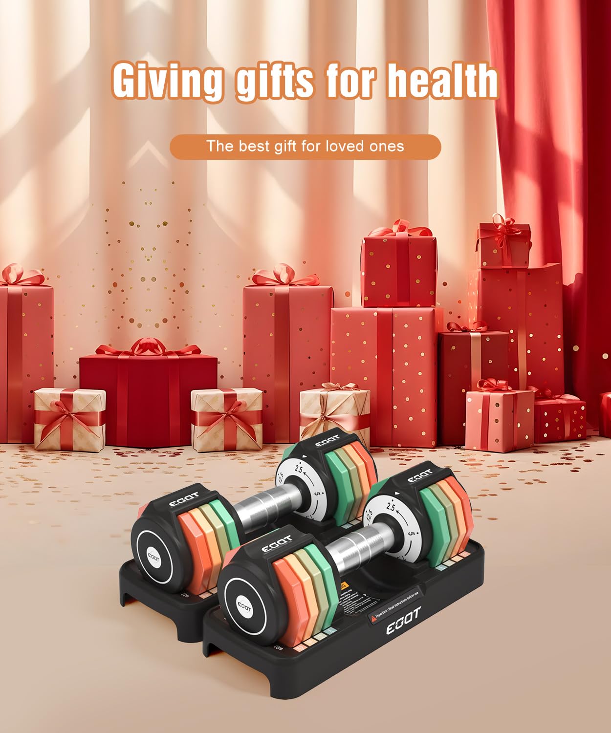 Adjustable Dumbbell Set, EOAT 2.5 to 12.5 lbs Free Weights Dumbbells Pair with Tray for New Beginner, Exercise & Fitness Dumbbells with Anti-Slip Handle & Rainbow-colored Weight Plates