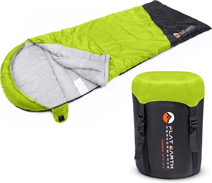Flat Earth Performance Expedition Sleeping Bag with Compression Sack – 32°F/0°C for Teens/Adults Up to 6'2", Lightweight, ...