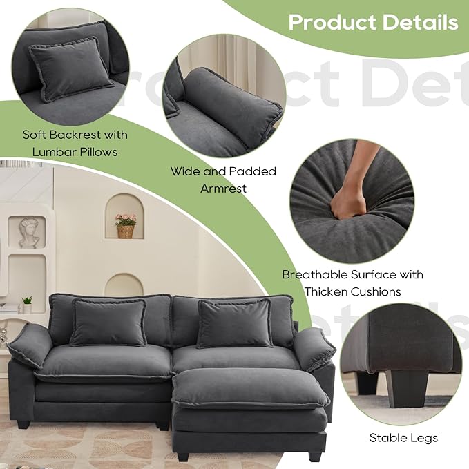 Oprisen 86" Modular Sectional Sofa, Comfy Cloud Couch Sectional Sofa with Ottoman, Velvet Sofa Sleeper Deep Seat Sofa with Throw Pillows for Living Room (Blue Gray, 86"- L Shape)