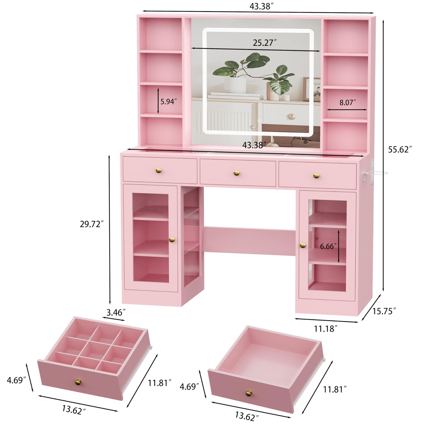 Pink Vanity Desk with Mirror and Lights, 43.4" Makeup Vanity Table Set with Lighted Mirror & RGB Glass Cabinet, 3 Drawers, Glass Top Dressing Table with Large Shelves for Girls, 3 Color Modes