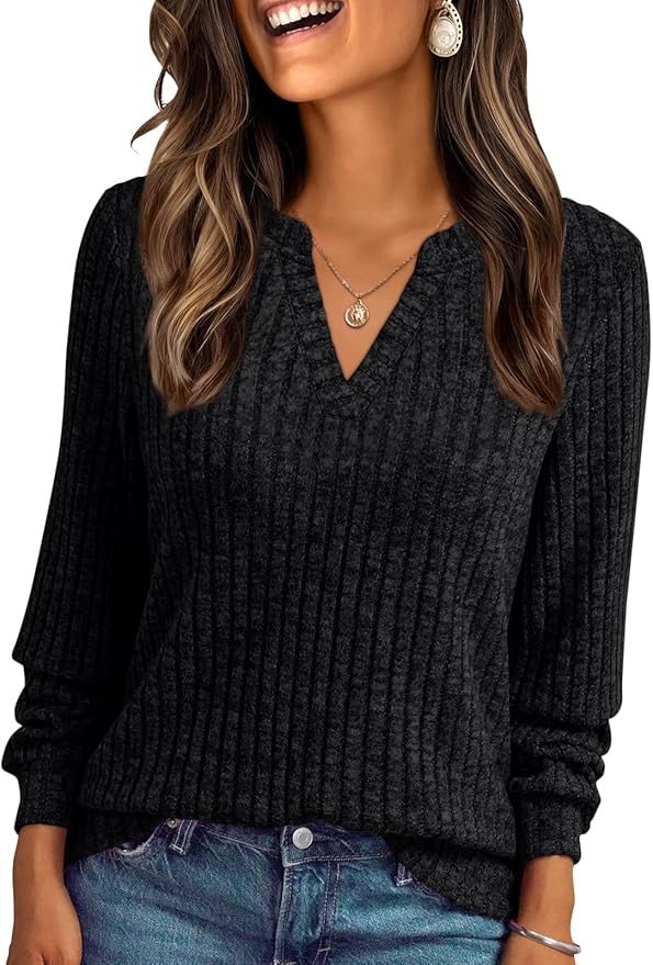 AUTOMET Womens V Neck Long Sleeve Shirts Casual Lightweight Tunic Sweaters Fall Fashion Tops Trendy Dressy Clothes 2025