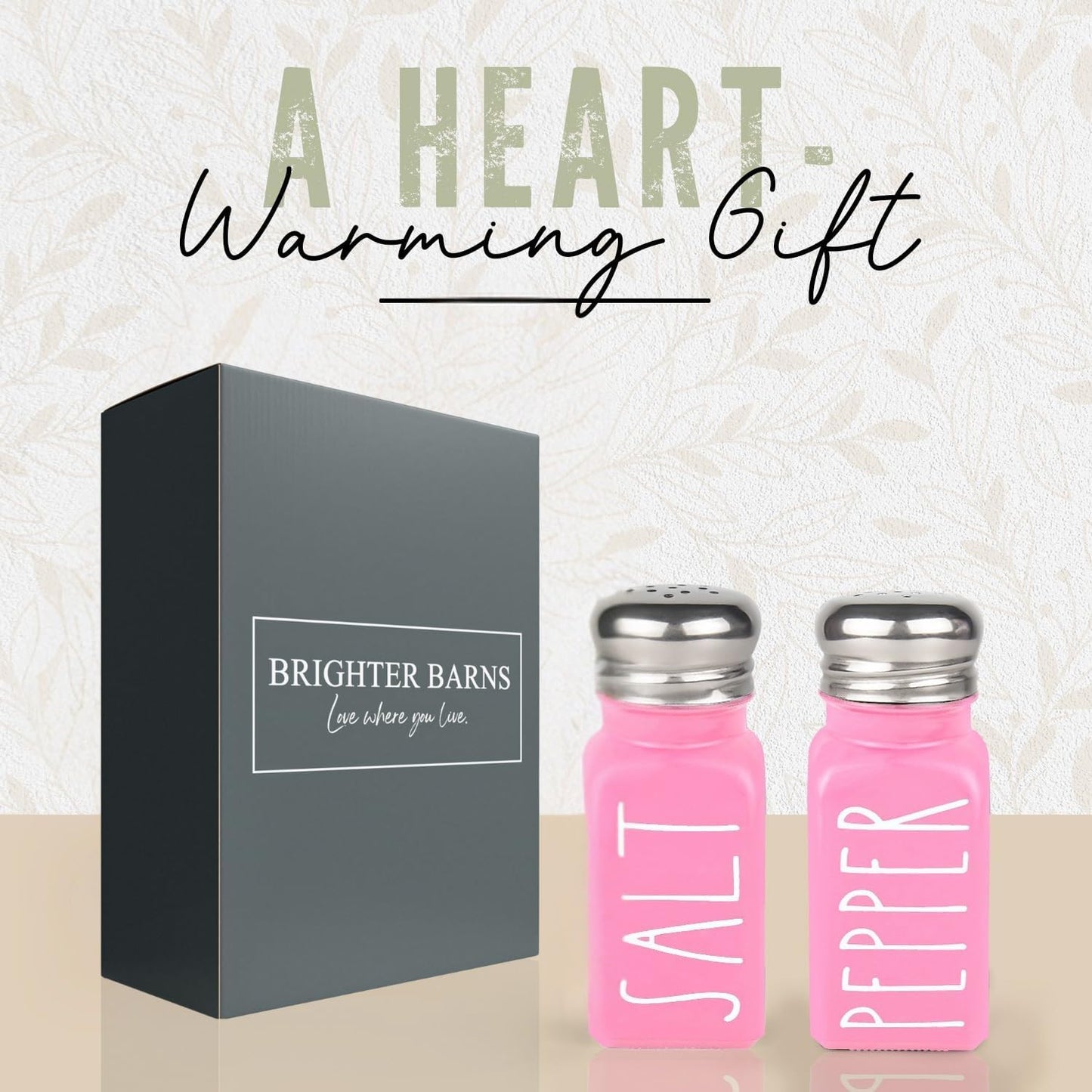 Pink Salt and Pepper Shakers Set by Brighter Barns - Modern Kitchen Decor and Accessories - Cute Glass Shakers - Vintage Decor for Home, Restaurants, Housewarming Gifts & Stainless Steel Lids (Pink)