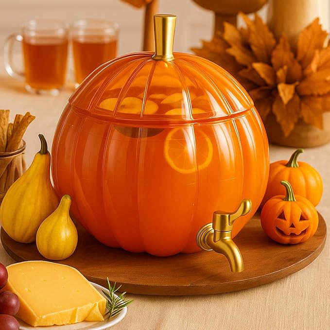 Potchen 1.3 Gallon Pumpkin Plastic Drink Dispenser Thanksgiving Orange Drink Dispenser Fall Harvest Kitchen Decoration Bev...