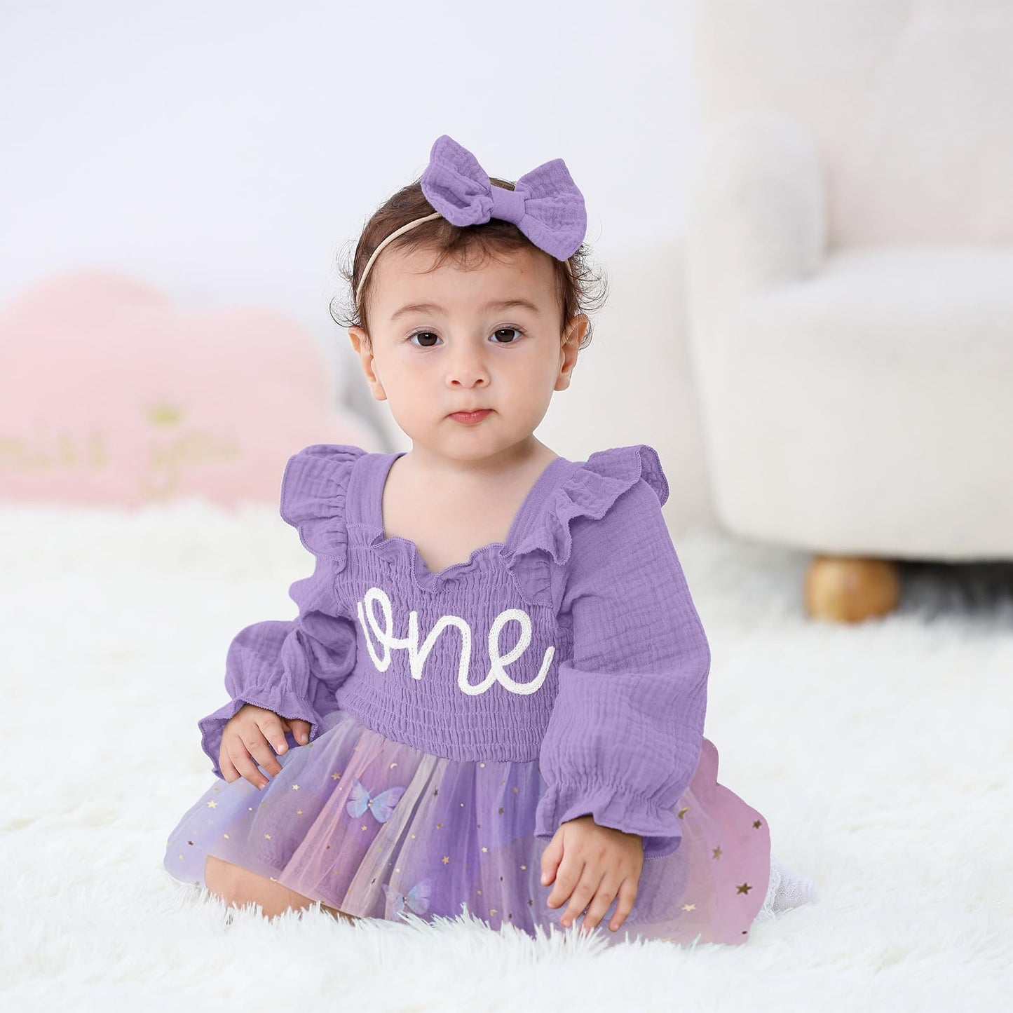 TITKKOP Baby Girl 1st Birthday Clothes One Year Old Tulle Romper Long Sleeve Bodysuit Cake Smash Outfits(butterfly-purple,12-18M)