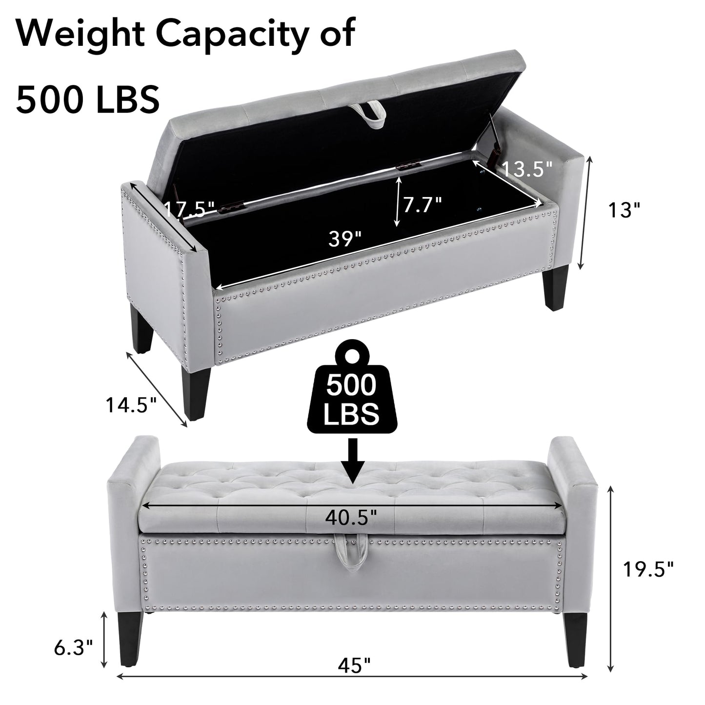 Creek Vista Velvet Storage Ottoman Bench, 45'' Upholstered Button Tufted End of Bed Bench, Modern Entryway Ottoman with Arms, Grey