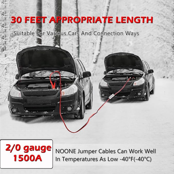 NOONE Booster Jumper Cables Heavy Duty 2/0 Gauge 30 FT 1500 AMP with Quick Connect Plugs for Truck SUV Car with up to 8-Liter Gasoline