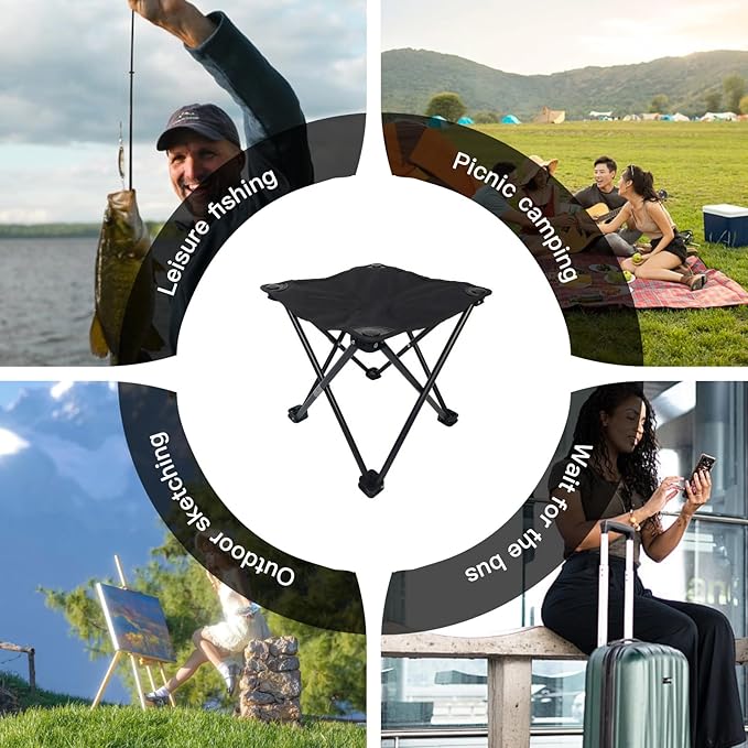 ZHIYUEJING Folding Camping Footrest, 13-Inch Camping Stool with Carrying Pouch and Side Pockets for Picnic, Beach, Fishing, Hiking, Black