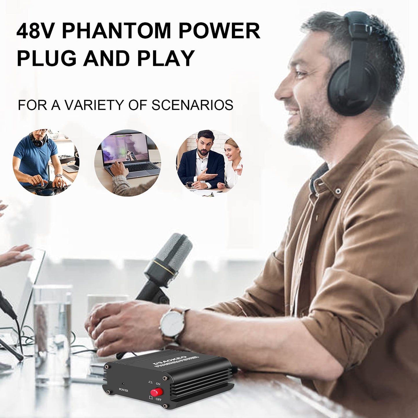 Aokeo 1-Channel 48V Phantom Power Supply with Adapter, Bonus+XLR 3 Pin Microphone Cable for Any Condenser Microphone Music Recording Equipment