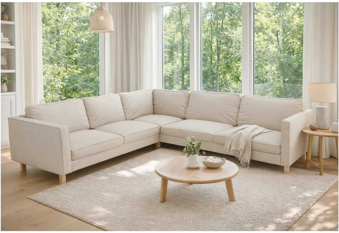 Polyester Karlstad Corner Sofa Cover (2+3/3+2) Replacement, is Custom Made for IKEA Karlstad Sectional Slipcover Replacement (Beige Polyester)