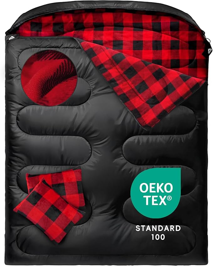 MEREZA Flannel Double Sleeping Bag for Adults Cold Weather, XL Queen Size Sleeping Bag for All Season 2 Person Big and Tal...