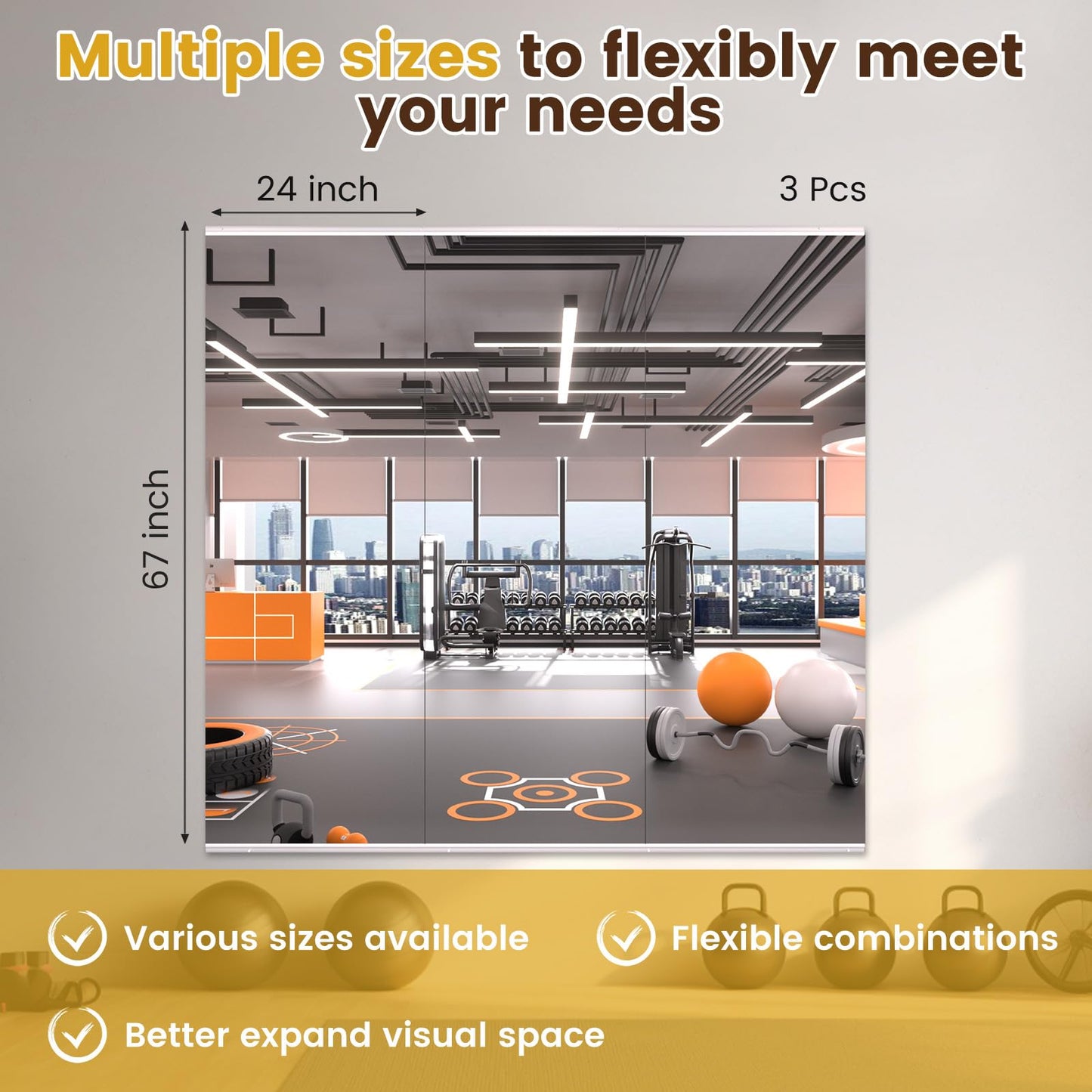 LOAAO Gym Mirror,66.93"x23.62"-3 PCS Mirror for Gym, Flexible Combination, Tempered Glass, Gym Wall Mirror for Home Gym, Dance Studio, Yoga Room, Garage Gym, Workout Room