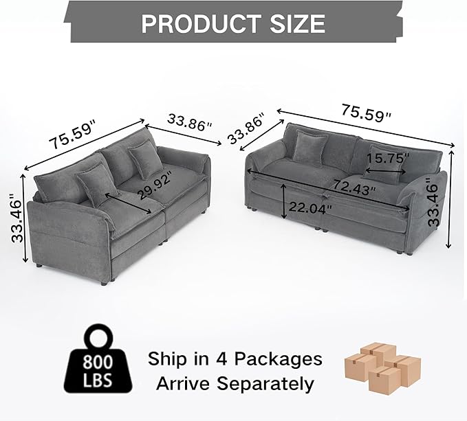 RENDGO Modular Sectional Sofa Sets,2 Pieces Chenille Sectional Loveseat Sofas,Deep Seat Comfort,4-Seater Comfy Couch for Living Rooms & Apartment, Guest Rooms,Grey