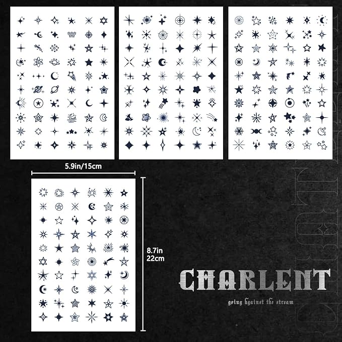 CHARLNET Stars Semi-Permanent Tattoos for Adult - 2 Weeks Long Last Small Fake Tattoos for Women Men Face Finger Neck Body/Fades Naturally/No Reflection/Waterproof/Realistic