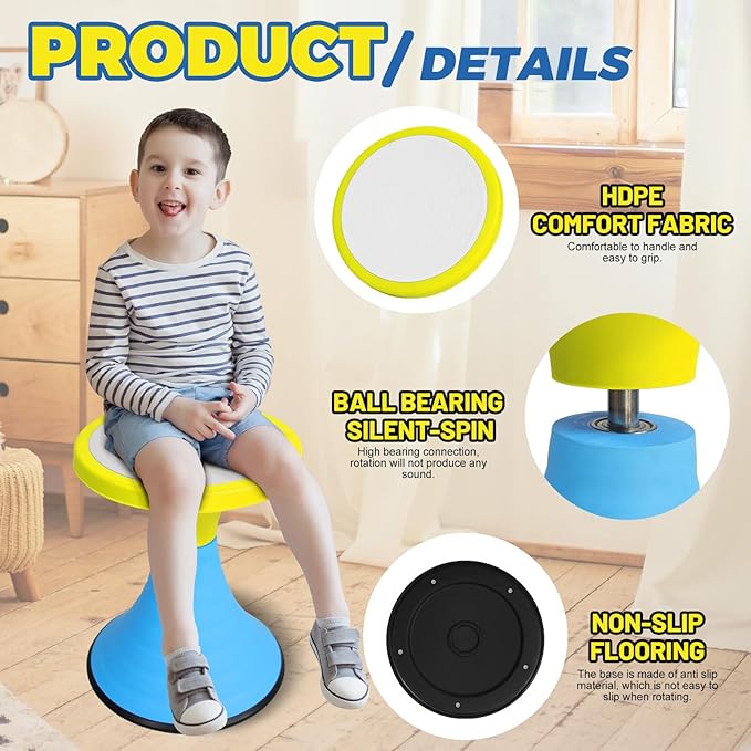 AOBOTE Kids Wobble Stool, 360° Rotatable Children Swivel Chair with Color Block Design, 100KG Load Bearing, for Home and Classroom Learning, Ages 6+ (Yellow)