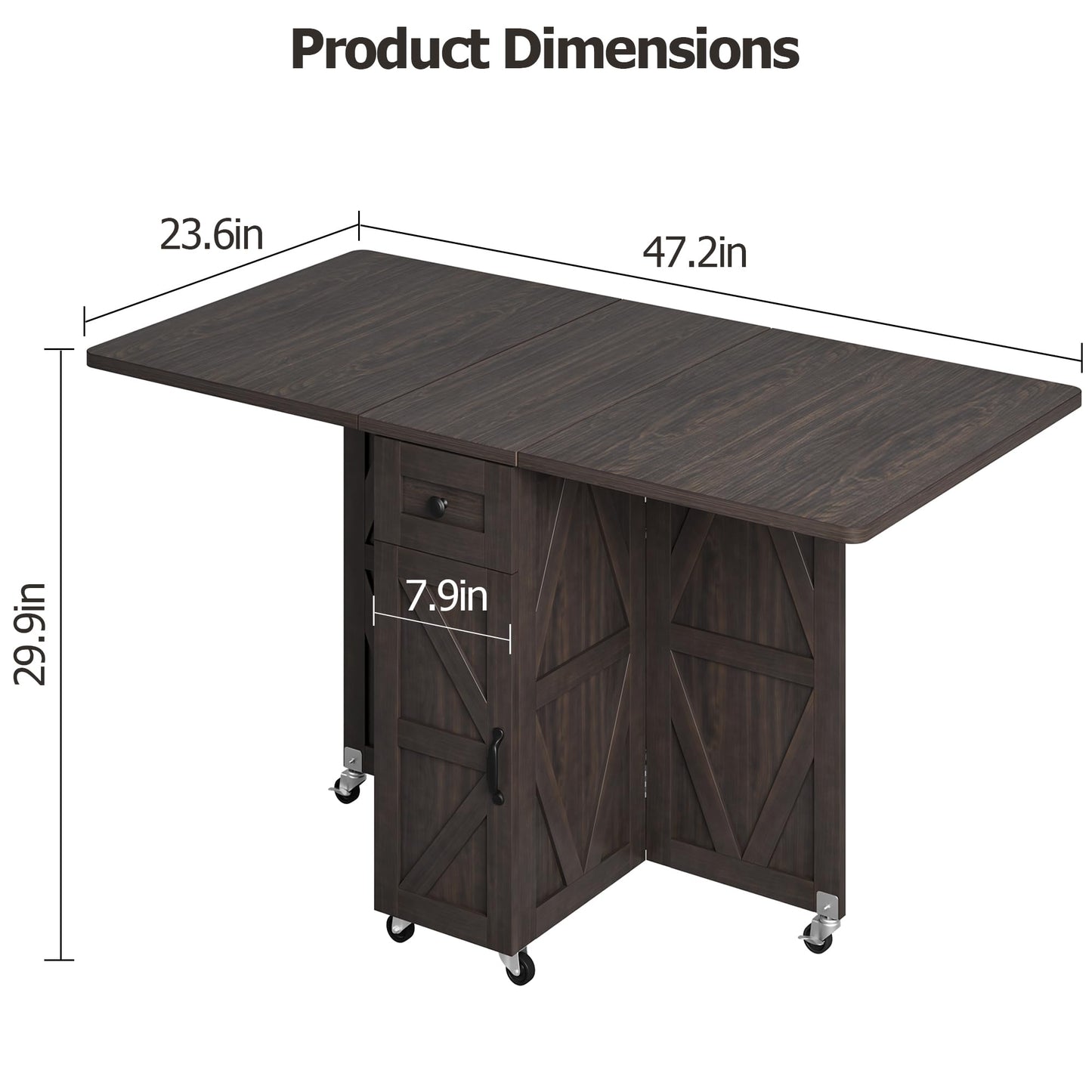Jocoevol Space Saving Folding Dining Table, Farmhouse Foldable Dining Table with Drawer and 2-Layer Storage Shelf, 6 Wheels Multipose Expandable Kitchen Drop Leaf Table for Small Space (Dark Walnut)