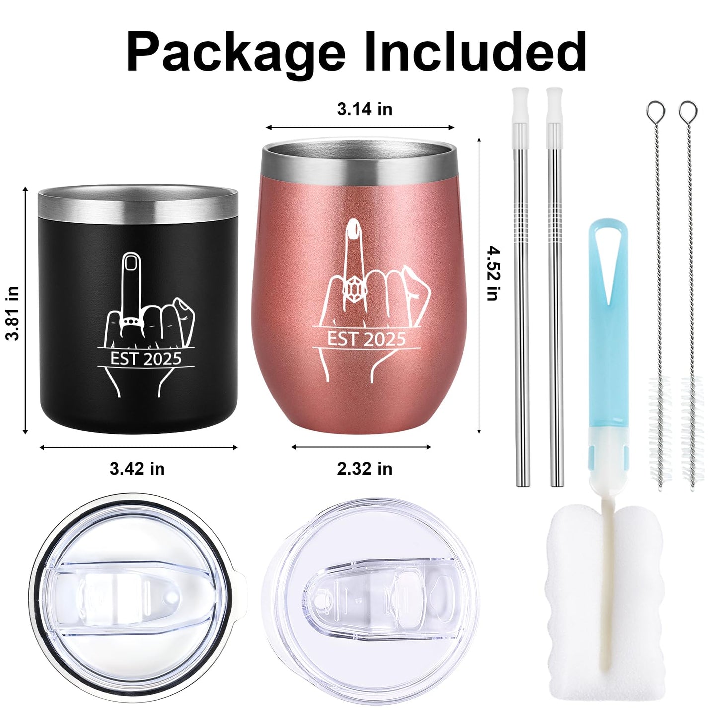 Qtencas Ring Finger EST 2025 Stainless Steel Whiskey & Wine Tumbler Set, Wedding Gift for Couple, Unique Engagement Present for Friends Mr Mrs His Her Just Married, 12oz Black & Rose Gold