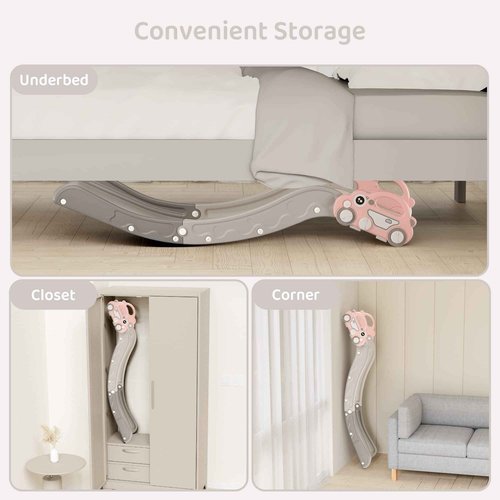 Indoor Kids Baby Couch Slide for Toddler 1-3, Sofa Slide Add-on Attachment for Bed Nugget Playgrounds, with Secure Base Guardrail, Gentle Slope Extended Buffer Zone, Fun Car Design, Pink